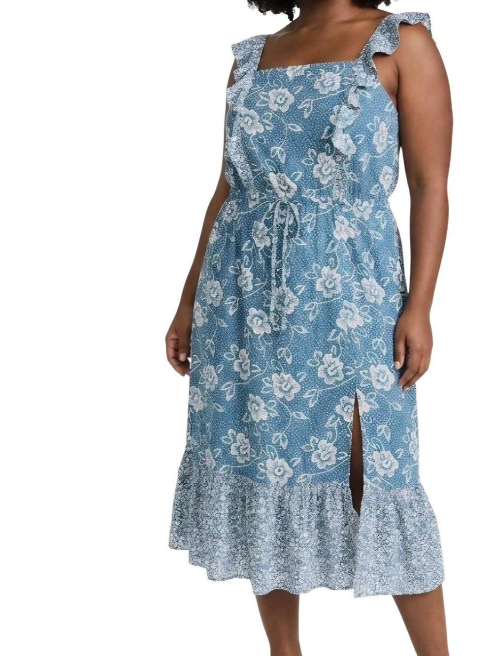 Paige Dress Women's Large Blue Floral Poppy Cotton Midi Cottage Feminine